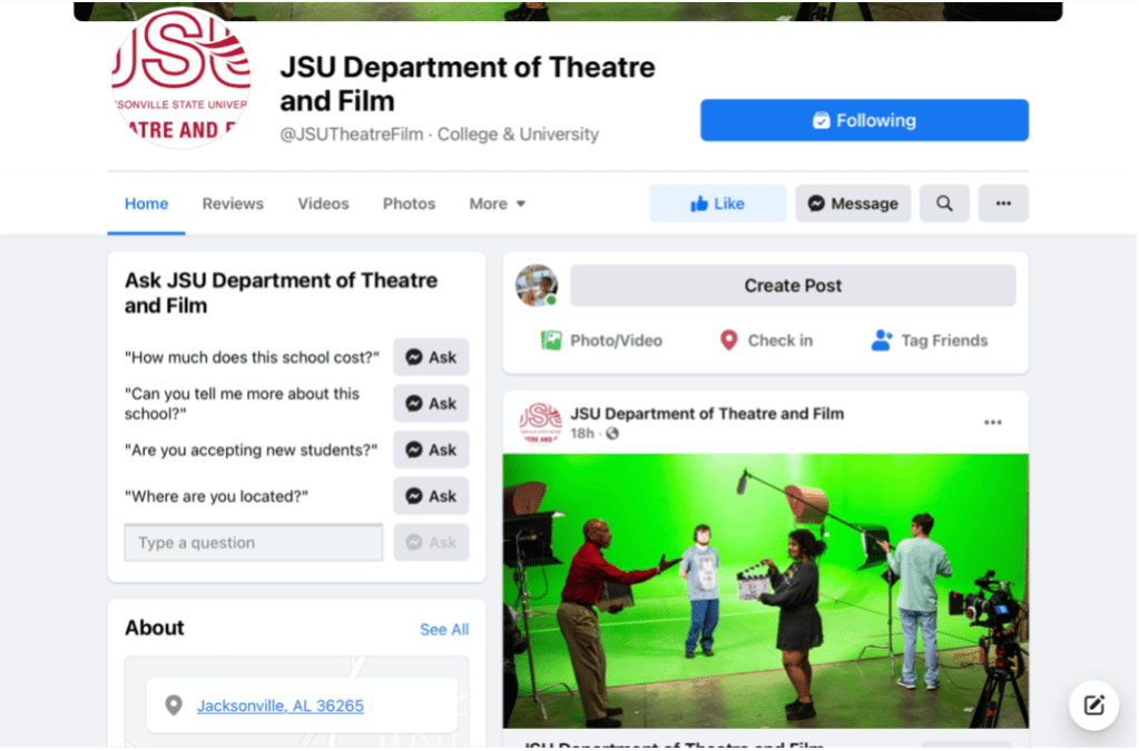 Jacksonville State University Department of Theatre and Film Facebook Group Image. 