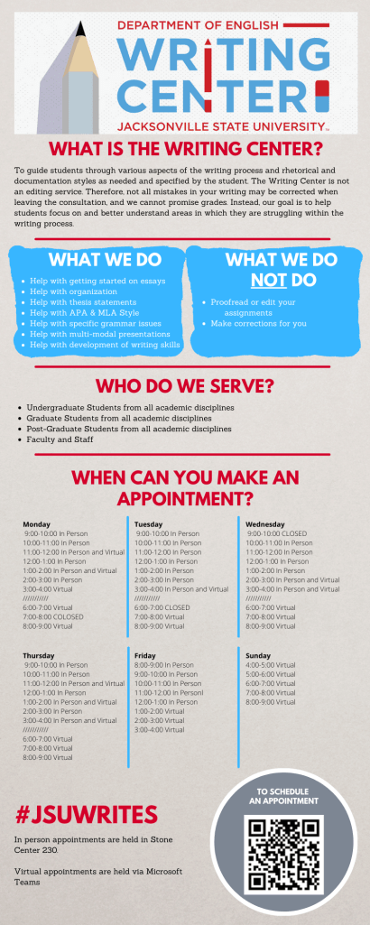 JSU Writing Clinic poster.